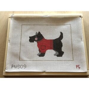 Needlepoint Canvas Handpainted Scottie in Red Sweater KS Wood Frame 14 Pt 11 x 9
